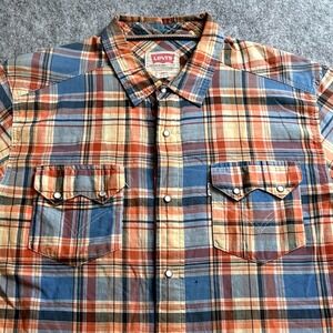 Levi's Pearl Snap Western‎ Shirt Mens L Plaid Short Sleeve Vintage Orange Blue